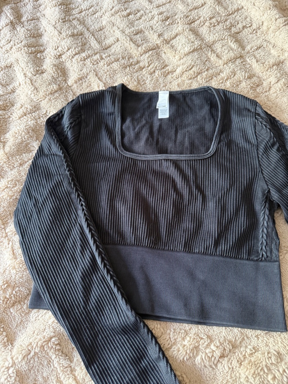 Black Ribbed Square-Neck Cropped Long Sleeve Top